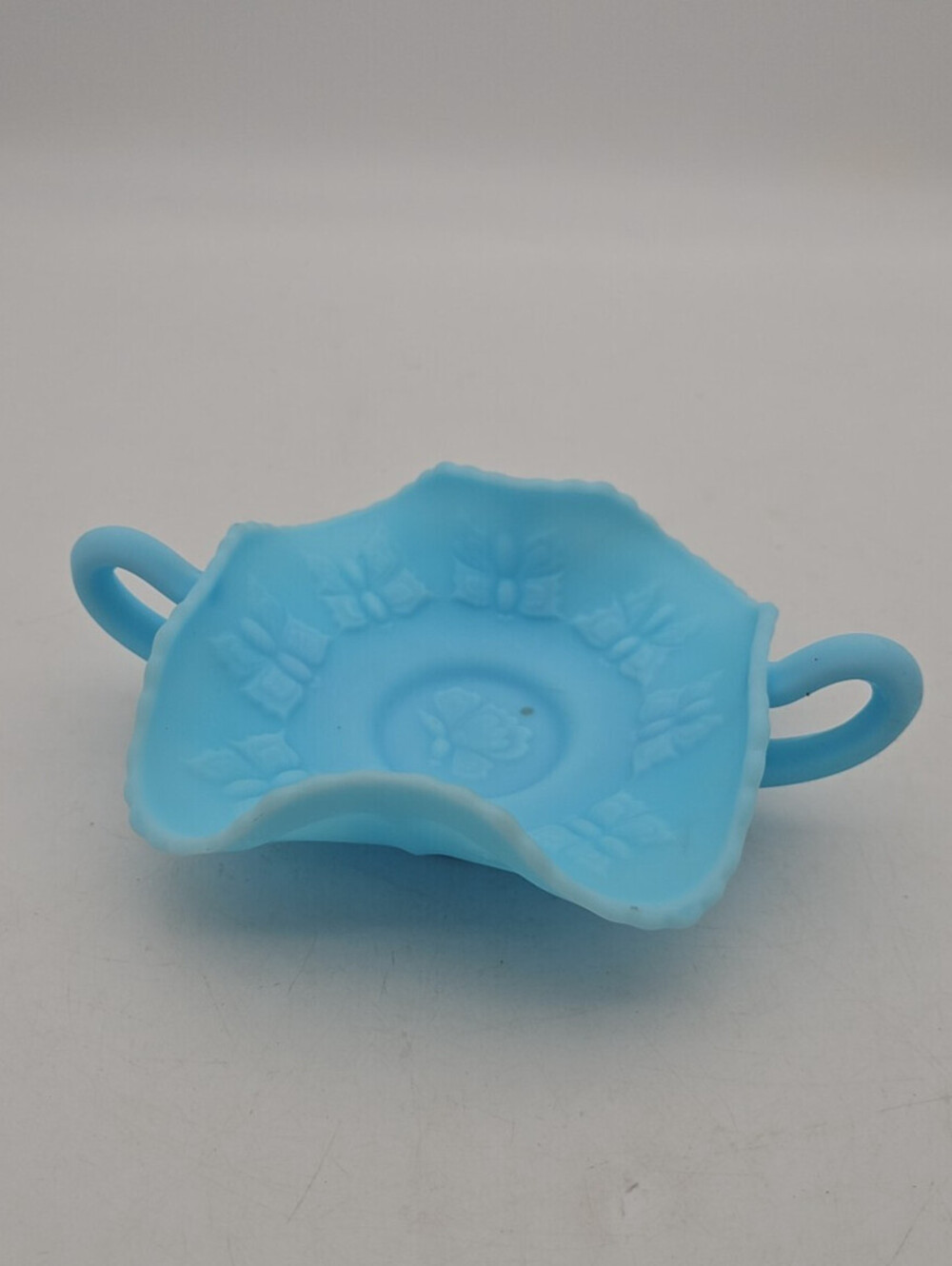 Vintage Fenton Blue Satin Glass Butterfly Handled Candy Dish Ruffled Bonbon Rare